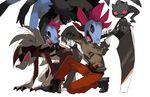  all_fours bandaged_head bandages banette black_footwear boots crossover dragon fangs floating gen_3_pokemon gen_5_pokemon gen_7_pokemon grin hood hood_up hoodie hydreigon isaac_foster looking_at_another looking_to_the_side lycanroc male_focus multiple_heads newo_(shinra-p) one_knee orange_pants pants pink_eyes pokemon pokemon_(creature) red_eyes ringed_eyes satsuriku_no_tenshi scythe simple_background sitting smile white_background 