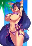  absurdres armpits arms_up awatark bikini breasts eyepatch_bikini fate/grand_order fate_(series) highres hips huge_breasts long_hair low-tied_long_hair minamoto_no_raikou_(fate/grand_order) minamoto_no_raikou_(swimsuit_lancer)_(fate) navel palm_tree purple_bikini purple_eyes purple_hair side-tie_bikini solo swimsuit thighs tree very_long_hair 