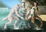  2018 anisis anthro areola bikini black_hair black_nose blue_eyes breasts canine clothed clothing clouded_leopard day detailed_background digital_media_(artwork) digitigrade duo feline female fur hair leopard male mammal midriff navel open_mouth outside playing splash standing swimsuit teeth tongue water white_fur wolf yellow_eyes 