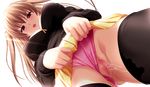  1girl assertive atelier_kaguya ayabe_miyuki blush breasts brown_hair censored highres long_hair open_mouth panties panties_aside pink_panties pussy pussy_juice red_eyes skirt skirt_lift solo thighhighs thighs transparent_background twintails underwear wet_clothes wet_panties 