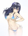  arms_behind_back ass_visible_through_thighs bikini black_hair blue_bikini blush breasts cleavage cowboy_shot hair_between_eyes hair_ribbon half_updo head_tilt highres large_breasts long_hair looking_at_viewer nakamura_nagare navel one_side_up parted_lips phantasy_star phantasy_star_online_2 purple_eyes ribbon side-tie_bikini sidelocks simple_background solo string_bikini striped striped_bikini swimsuit washinomiya_koori white_background wide_hips 