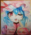  absurdres blue_hair character_name dress fang finger_to_mouth hat highres medium_request mob_cap nail_polish niri photo pink_nails red_eyes remilia_scarlet shikishi slit_pupils solo teeth touhou traditional_media 