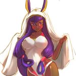  awatark breasts fate/grand_order fate_(series) highres hips hood large_breasts long_hair medjed nitocris_(fate/grand_order) nitocris_(swimsuit_assassin)_(fate) purple_eyes purple_hair simple_background smile solo thighs wide_hips 