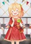  absurdres bad_id bad_pixiv_id bag blonde_hair blue_flower bow cake closed_eyes cupcake dress fang flandre_scarlet flower food fork fruit hair_ribbon head_tilt highres holding holding_bag knife open_mouth puffy_short_sleeves puffy_sleeves red_bow red_dress red_ribbon ribbon short_sleeves shoulder_bag smile solo strawberry touhou useq1067 wings 