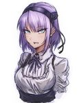  blue_eyes breasts commentary_request dagashi_kashi dannrei3636 flower frills hair_flower hair_ornament hairband large_breasts looking_at_viewer neck_ribbon parted_lips purple_hair ribbon ringed_eyes shidare_hotaru short_hair smile solo tsurime 