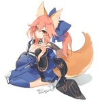  animal_ears blue_bow bow breasts cleavage commentary_request fang fang_out fate/extra fate_(series) fox_ears fox_shadow_puppet fox_tail from_side hair_bow large_breasts long_hair nakatani_nio pink_hair ponytail simple_background solo tail tamamo_(fate)_(all) tamamo_no_mae_(fate) thighhighs white_background 