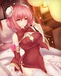  bandaged_arm bandages bangs breasts bun_cover china_dress chinese_clothes cleavage double_bun dress elbow_gloves floral_print flower garter_straps gloves highres ibaraki_kasen indoors large_breasts light_smile looking_at_viewer on_bed oxfirecar petals pink_eyes pink_flower pink_hair pink_rose rose seiza sitting solo thighhighs touhou white_gloves white_legwear 