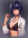  1girl blue_hair bowl_cut bra brown_eyes choker collar eyebrows eyebrows_visible_through_hair holding labcoat long_sleeves looking_at_viewer medicine necklace parted_lips persona persona_5 pill ryotazi short_hair simple_background solo studded_collar takemi_tae upper_body 