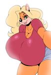  2017 anthro bandicoot big_breasts blonde_hair breasts cleavage clothed clothing crash_bandicoot_(series) digital_media_(artwork) female green_eyes hair huge_breasts hyper hyper_breasts long_hair looking_at_viewer makeup mammal marsupial mascara orange_skin rabid shorts simple_background smile solo tawna_bandicoot teeth video_games white_background 