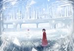  black_dress black_hair boots bridge building closed_mouth commentary_request dress frozen frozen_lake headphones highres ice long_sleeves looking_at_viewer original sakimori_(hououbds) scenery short_hair snow snowman solo standing 