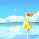  absurdres alternate_eye_color arm_at_side artist_name barefoot blue_eyes blue_sky bow cloud day dress gekkan_shoujo_nozaki-kun hair_bow highres long_hair older outdoors sakura_chiyo sergey_orlov signature skirt_hold sky solo water yellow_dress 