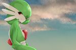  blue_sky breasts closed_mouth cloud cloudy_sky day eyes_visible_through_hair from_side gardevoir gen_3_pokemon highres light_smile looking_at_viewer looking_to_the_side pokemon red_eyes senju_(snz0) shiny shiny_hair sky small_breasts smile solo sunset upper_body 