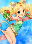  :d absurdres animal_ears bangle barefoot blonde_hair blue_background blue_eyes bracelet casual_one-piece_swimsuit cat_ears cat_tail commentary_request dual_wielding fang frilled_swimsuit frills from_side green_swimsuit hairband highres holding jewelpet_(series) jewelpet_twinkle jewelry miria_marigold_mackenzie nyama one-piece_swimsuit open_mouth red_hairband smile solo swimsuit tail twintails v-shaped_eyebrows water_gun 