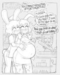  2017 angry anthro argue bakery belly big_belly breasts clothed clothing comic duo female food fur hair lagomorph mammal open_mouth pregnant rabbit sibling sisters stuffing weight_gain 