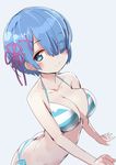  bikini blue_eyes blue_hair breasts cleavage closed_mouth eyebrows_visible_through_hair eyes_visible_through_hair grey_background hair_ornament hair_over_one_eye hair_ribbon halter_top halterneck highres large_breasts looking_at_viewer re:zero_kara_hajimeru_isekai_seikatsu rem_(re:zero) ribbon simple_background sketch smile solo striped striped_bikini swimsuit x_hair_ornament yamacchi 