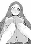  angelo_(gomahangetsu) ass bangs biting blush breasts commentary_request feet_out_of_frame from_below greyscale halftone highres idolmaster idolmaster_cinderella_girls knees knees_together_feet_apart large_breasts legs lip_biting long_hair looking_down monochrome oonuma_kurumi panties pantyshot parted_lips pleated_skirt simple_background skindentation skirt socks solo tears underwear white_background wide-eyed 