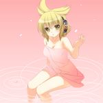  bangs blonde_hair blush breasts cleavage collarbone commentary_request earmuffs looking_at_viewer medium_breasts naked_towel parted_lips partially_submerged pointy_hair solo takatsukasa_yue touhou towel toyosatomimi_no_miko yellow_eyes 