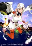  basket black_wings company_name egg feathered_wings feathers flying jpeg_artifacts multicolored multicolored_wings red_legwear sasamori_tomoe solo thighhighs white_feathers white_hair white_wings wings wixoss 