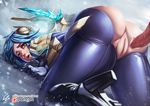  1girl all_fours anus ass bent_over blue_hair breasts censored disembodied_penis frostblade_irelia high_heels huge_ass irelia league_of_legends penis pov pussy riot_games solo torn_bodysuit watermark yellow_eyes 