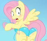  2013 acstlu bikini blush butt clothed clothing cutie_mark equine feathered_wings feathers female feral fluttershy_(mlp) friendship_is_magic fur hair hi_res looking_back mammal my_little_pony open_mouth pegasus pink_hair simple_background solo surprise swimsuit topless wardrobe_malfunction wedgie wings yellow_feathers yellow_fur 