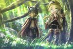  1girl :d blonde_hair brown_gloves brown_hair cape day flower forest glasses gloves grass green_eyes hat helmet jacket keane912 light_rays long_hair made_in_abyss mechanical_arms nature navel open_mouth outdoors pointing purple_legwear regu_(made_in_abyss) riko_(made_in_abyss) signature smile standing tree twintails whistle yellow_eyes yellow_hat 