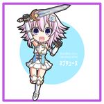  bare_shoulders chagama_(tyagama0927) character_name four_goddesses_online:_cyber_dimension_neptune hair_ornament highres looking_at_viewer neptune_(choujigen_game_neptune) neptune_(series) purple_eyes purple_hair short_hair smile solo sword weapon 