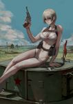  arm_support bikini blonde_hair blue_eyes closed_mouth day fence flag ground_vehicle gun handgun highres holding holding_gun holding_weapon house jittsu military military_vehicle motor_vehicle nagant_m1895 on_vehicle original pouch revolver short_hair side-tie_bikini sitting sky solo swimsuit tank weapon white_bikini 