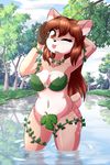  &lt;3 &lt;3_eyes 2017 5_fingers alfa995 amber_eyes anthro black_nose breasts brown_hair cervine cleavage clothed clothing cloud deer detailed_background doe_(alfa995) eyelashes female flower fur grass hair hand_behind_head leaf long_hair looking_at_viewer mammal navel one_eye_closed plant reflection river scenery smile solo spots tongue tongue_out tree water wink 