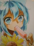  blue_eyes blue_hair cirno flower food looking_at_viewer marker_(medium) niri popsicle shikishi short_hair solo sunflower tanned_cirno touhou traditional_media 