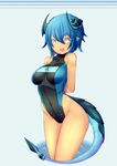  arms_behind_back blue_eyes blue_hair breasts closed_mouth covered_navel cowboy_shot eyebrows eyebrows_visible_through_hair highleg highleg_swimsuit highres horns large_breasts looking_at_viewer moeroknight monster_girl one-piece_swimsuit open_mouth original short_hair smile solo swimsuit tail thick_eyebrows turtleneck 