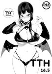  3: bikini blush breasts bridal_gauntlets cleavage collar crotch_cutout demon_girl demon_wings greyscale heart_cutout huge_breasts low_twintails low_wings monochrome multi-strapped_bikini navel rating sasamori_tomoe solo succubus succubus_stayed_life sweatdrop swimsuit twintails underboob wings yomisawa_tsukino 