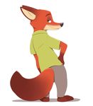  3_toes acstlu anthro barefoot brown_fur canine clothed clothing digital_media_(artwork) disney fox fully_clothed fur gloves_(marking) green_eyes hand_on_hip hi_res looking_at_viewer looking_back male mammal markings nick_wilde orange_fur pants rear_view shirt simple_background smile solo standing toes white_background zootopia 