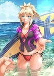  beckoning bikini blonde_hair blue_sky blush breasts cleavage cloud commentary_request day fate/apocrypha fate/grand_order fate_(series) female_pov fingernails green_eyes grin lens_flare long_hair looking_at_viewer medium_breasts mordred_(fate) mordred_(fate)_(all) mordred_(swimsuit_rider)_(fate) multiple_girls nail_polish navel ocean ohako_(ohako1818) open_hand out_of_frame outstretched_arm partially_submerged ponytail pov pov_hands prydwen rash_guard red_bikini side-tie_bikini sky smile solo_focus surfboard swimsuit tan teeth water wet yuri 