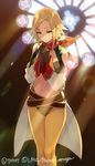  bandana blonde_hair company_name dona_(wixoss) gloves hair_ornament hairclip jpeg_artifacts light_rays lostorage_wixoss navel own_hands_together pantyhose praying sasamori_tomoe short_hair solo stained_glass standing sunbeam sunlight wixoss yellow_legwear 