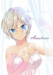  anastasia_(idolmaster) bare_arms bare_shoulders blue_eyes blush breasts camisole character_name closed_mouth collarbone commentary_request halterneck idolmaster idolmaster_cinderella_girls large_breasts looking_at_viewer majin_(kiidoumajin) short_hair silver_hair smile solo upper_body 