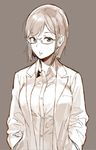  commentary_request dress_shirt glasses hands_in_pockets monochrome original parted_lips sasamori_tomoe shirt short_hair simple_background solo 