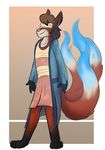  3_tails bandage black_fur blindfold brown_hair canine clothed clothing crossdressing fire fox fur girly hair japanese_clothing kea_(artist) kimono male mammal multi_tail nine_tailed_fox pink_nose red_fur skirt smile solo tozen white_fur 
