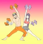  1girl bandaged_arm bandages barefoot blonde_hair breasts cleavage closed_eyes dumbbell fes891 forehead_protector hime_cut husband_and_wife hyuuga_hinata naruto:_the_last naruto_(series) navel open_mouth pose purple_hair shirtless shorts smile spiked_hair stomach toned toned_male uzumaki_naruto whisker_markings 