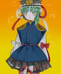  asymmetrical_hair blush gradient gradient_background green_eyes green_hair hatching_(texture) highres juliet_sleeves long_sleeves puffy_sleeves shiki_eiki shoulder_pads sweat sweating_profusely touhou vest x_x yodoi_(465kcal) 