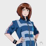  absurdres blush boku_no_hero_academia brown_hair hands_on_hips highres jacket older sergey_orlov short_hair solo uraraka_ochako wristband 