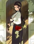  bag commentary_request door from_side glasses handbag jpeg_artifacts long_hair looking_at_viewer opening_door original sasamori_tomoe solo very_long_hair 