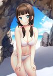  aqua_eyes arios_(orochi_yuta) bangs bikini black_hair blunt_bangs breasts cleavage closed_mouth cowboy_shot day horizon kurosawa_dia leaning_forward long_hair looking_at_viewer love_live! love_live!_sunshine!! low_twintails medium_breasts mole mole_under_mouth navel ocean outdoors rock solo swimsuit twintails white_bikini 