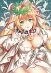  ahoge bangs blonde_hair blush breasts chain cleavage commentary_request cowboy_shot detached_sleeves fate/extra fate/extra_ccc fate_(series) gloves green_eyes large_breasts laurel_crown leotard lock long_sleeves looking_at_viewer majin_(kiidoumajin) naughty_face nero_claudius_(bride)_(fate) nero_claudius_(fate)_(all) open_mouth padlock solo unzipping veil white_gloves white_leotard white_sleeves wide_sleeves zipper 