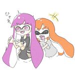  2girls artist_request black_shirt blush domino_mask fangs grey_shirt hands_up inkling long_hair matching_hair/eyes multiple_girls open_mouth orange_hair pointy_ears purple_eyes purple_hair short_sleeves simple_background smile splatoon surprised teeth tentacle_hair text tickling translated wavy_mouth white_background 