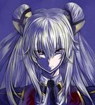  bangs black_neckwear blonde_hair closed_mouth code_geass code_geass:_boukoku_no_akito commentary_request dannrei3636 expressionless hair_ornament leila_(code_geass) long_hair looking_at_viewer necktie portrait purple_eyes solo two_side_up 