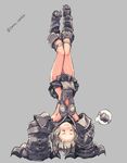  :3 =_= animal_ears armpits arms_up blush boned_meat boots brown_hair claw_(weapon) closed_eyes closed_mouth erune food full_body granblue_fantasy grey_background grey_footwear grey_skirt handstand highres meat pleated_skirt sen_(granblue_fantasy) skirt solo thought_bubble tomonao twitter_username upside-down weapon 
