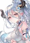  :o blue_hair blush breasts crystal draph eyebrows_visible_through_hair flower granblue_fantasy hair_ornament horns izmir large_breasts long_hair looking_at_viewer mole mole_under_mouth momoko_(momopoco) pale_skin pointy_ears ponytail red_eyes underboob 