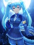  blue blue_eyes blue_hair dragon_tail gloves kemono_friends long_hair long_sleeves moon necktie night pantyhose pleated_skirt seiryuu_(kemono_friends) skirt solo tail totokichi twintails water 