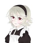  black_shirt blonde_hair button_shirt elf_ears expressionless eyelashes female_my_unit_(fire_emblem_if) fire_emblem fire_emblem_if flat_chest gold_buttons grey_hair headband lace-trimmed_apron maid_apron pointy_ears puffy_sleeves red_eyes short_hair silver_hair simple_background wavy_hair white_background white_collar 