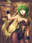  1girl animal_ears armpits atalanta_(fate) black_legwear blonde_hair breasts cat_ears cat_tail cleavage cocktail_glass commentary cup drinking_glass fate/apocrypha fate_(series) green_eyes green_hair highres long_hair medium_breasts melon22 multicolored_hair open_mouth pantyhose salad siegfried_(fate) solo_focus tail two-tone_hair wrist_cuffs 